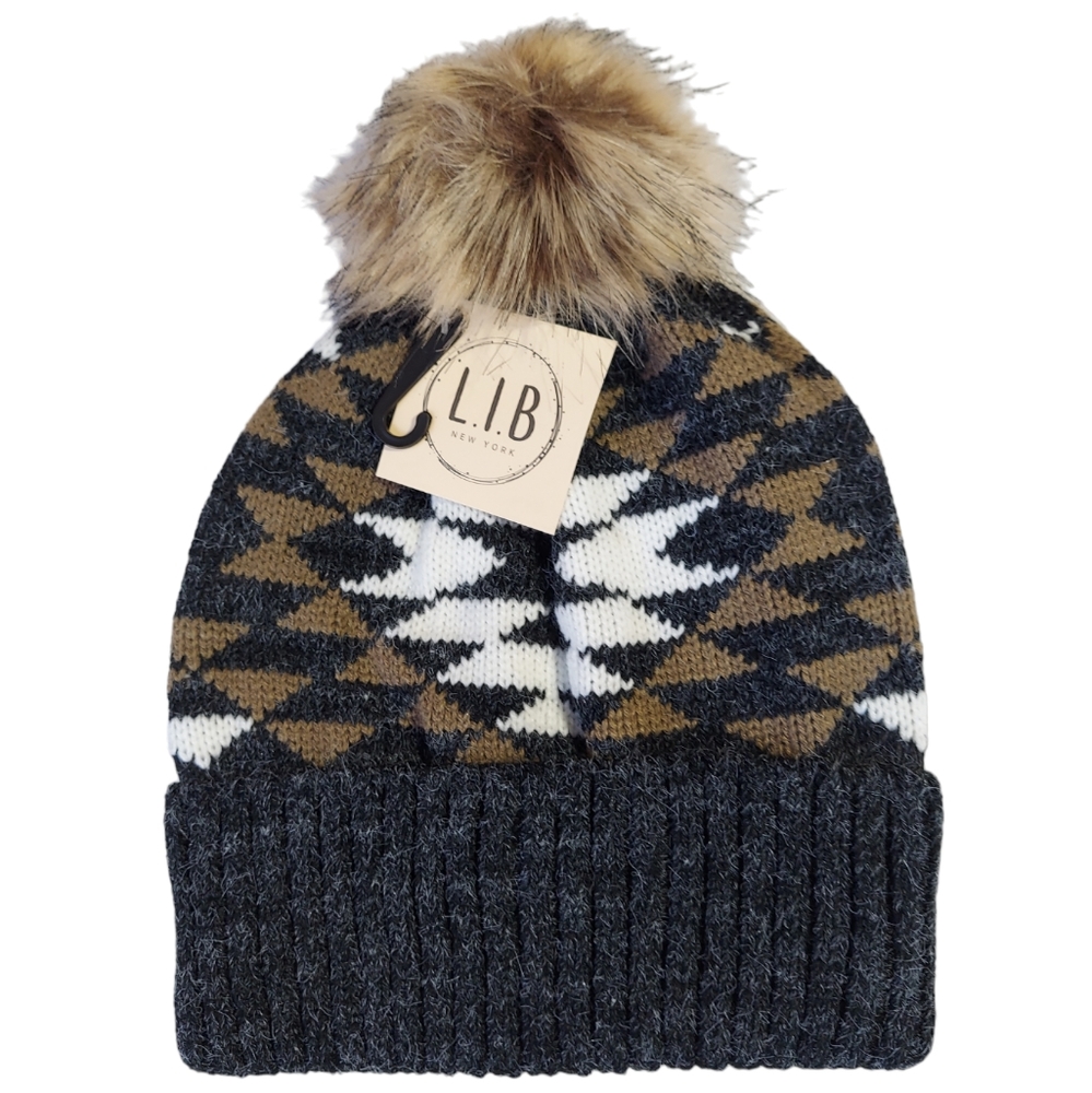 Women's Knitted Winter Hat Black Soft Stretch Beanie Hat with Faux Fur Pom
